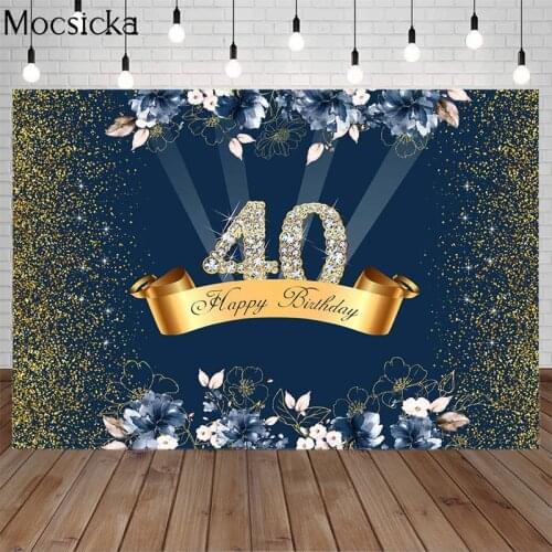 Mocsicka Blue Gold Glitter Birthday Party Backdrop 40 50 60 Happy Birthday Banner Decorations Photography Background Photo Booth