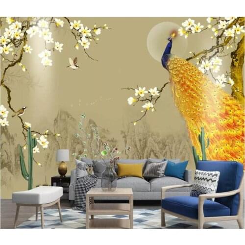 WDBH Custom photo mural 3d wallpaper Chinese landscape magnolia golden peacock decor 3d wall mural wallpaper for living room