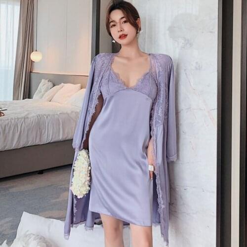 French retro court style suspender nightie Ice silk sexy fairy pajamas Summer womens sleepwear Two piece Nightgown robe set
