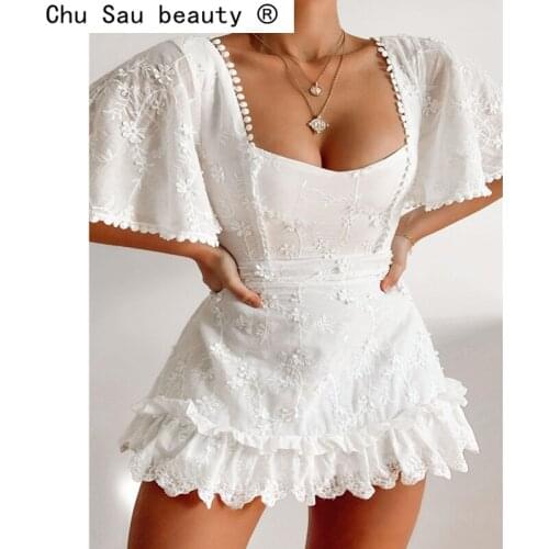 New Fashion Casual Chic Floral Embroidery Cotton Mini Dress Women Holiday Style Square Collar Flared sleeves Dresses Female