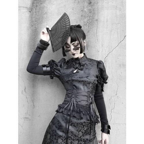 Original Design Gothic Dark Black Dragon Series Mandarin Collar Sheath Bodycon Sexy Cheongsam Dress