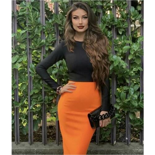 Vero Sinly 2020 Winter Sexy Long Sleeve Patchwork Midi Orange Women Bandage Dress Fashion Evening Party Dress Vestido