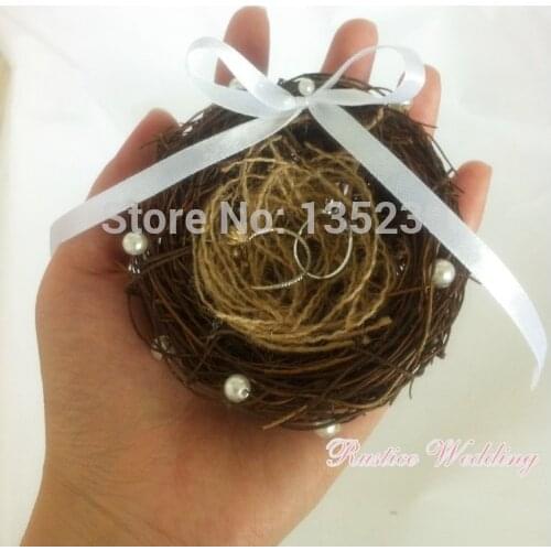 Ring bearer pillow with bead ,ring box Rustic wedding Bird nest pillow Woodland ring holder,Wedding Decoration Favors