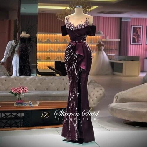 Luxury Crystal Burgundy Mermaid Dubai Evening Dresses for Women Wedding Guest Party Gown Arabic High Slit Long Formal Prom Dress