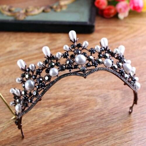 Baroque Wedding Hair Accessories Crystal Pearl Bridal Tiaras and Crown Headpiece Black Rhinestone Bride Diadem Hair Jewelry BH