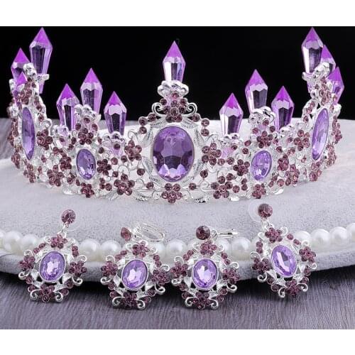 Wedding Crown Bridal Jewelry Sets Bridal Headpiece Earrings Woman Purple Crystal Tiaras Party Crowns Wedding Hair Accessories
