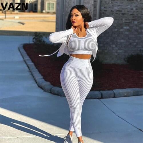 VAZN 2021 Special Sexy O-neck Two Piece Set Bandage Solid 2 Piece Set Women Long Sleeve Top And Pant Autumn