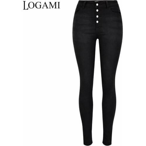 LOGAMI Denim High Waist Jeans Woman Skinny Cotton Jeans For Women Casual Spring Autumn Pencil Pants Black