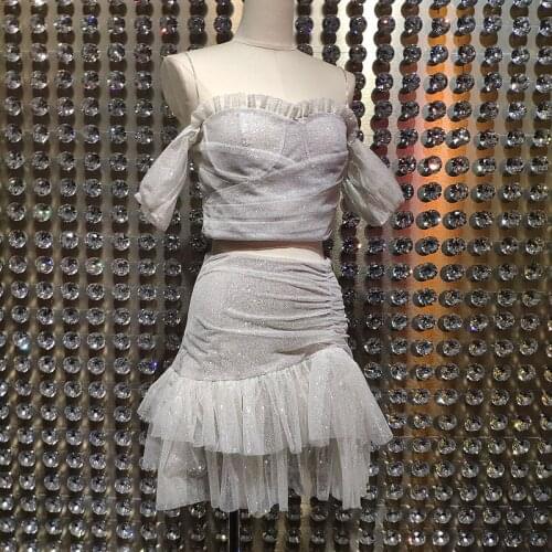 2021 Summer Fairy Style Women Suits Silver Glittering Gauze Fishbone Bra + Irregular Layered Gauze Skirt Lady Two Pieces Sets