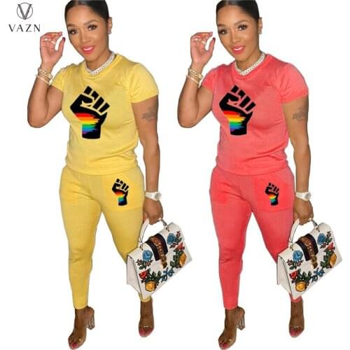 VAZN 2021 Spring Letter Simple Energy Nature Casual Daily Tracksuits Young Short Sleeve Long Pants Women 2 Piece Set