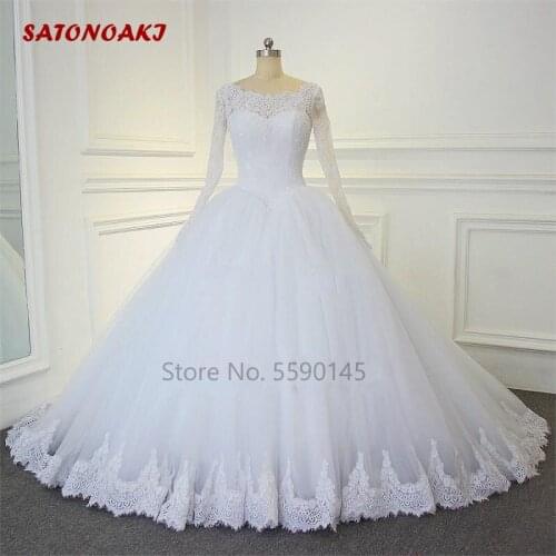 2020 Ball Gown Wedding Dress Pearls Vintage Lace Appliques Long Sleeve Back Zipper Princesa Bridal Custom Made Vestido De Novia