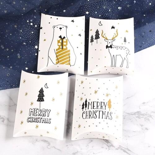 10Pcs Merry Christmas Pillow Candy Gift Boxes Deer&Xmas Tree Guests Packaging Boxes Gift Bag Christmas Party Favors Kids Gift