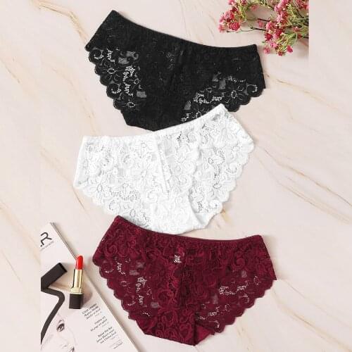 3PC Women Panties Lace Flowers Hollow Underwear Panties G-string Lingerie Thongs Sexy Underwear Knickers Plus Size Lingerie