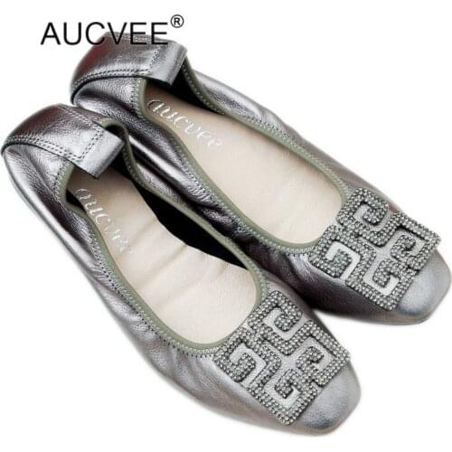 New Womens Casual Genuine Cow Leather Flats Big Size 35-43 Ladies Rhinestone Buckle Decoration Ballerinas Female Ballet Flats