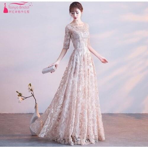 TANYA Champagne A Line long Evening Dress Half Sleeves Formal Prom Dresses Lace 2019 vestidos de fiesta de noche JQ235