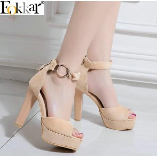 Eokkar 2019 Peep Toe Solid Scrub High Heel Stiletto Pumps Elegant Ankle Buckle Strap Black Ladies Platform Shoes Women Size34-43