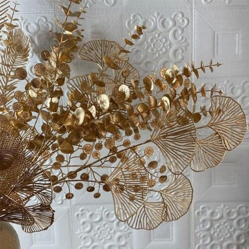 Artificial Plants Golden Plastic Leaf Eucalyptus Maple Leaves Flower Arrangement Material Wedding Christmas Party Home Decor