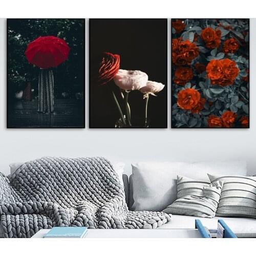 Red Umbrella Rose Sexy Woman Canvas Painting Retro Raining Flower Wall Art Pictures Nordic Poster And Print For Living Room