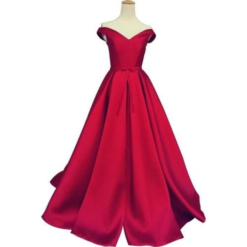 Off the Shoulder Red Satin Evening Dresses Long Formal Party Gowns Robe De Soirée