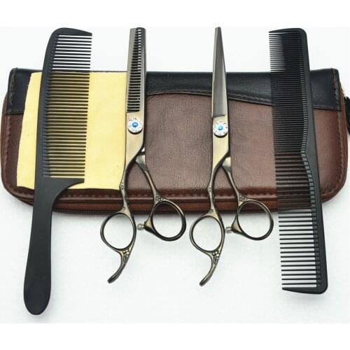 Left Hand 4Pcs Suit 6.0'' Customized Logo Black JP 440C Human Hair Hairdressing Scissors Cutting Shears + Thinning + Combs C8002