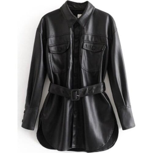 Autumn Winter Women Loose Soft Fake Faux Leather Jackets Elegant Boyfriends with Belt Pockets Buttons Streewear Womens Coat