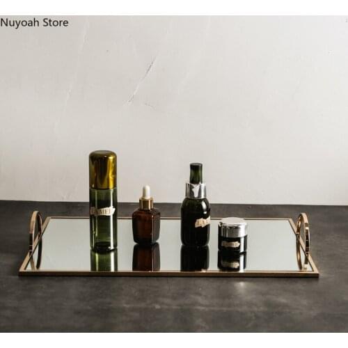 Nordic Metal Tray Glass Mirror Cosmetic Storage Tray 40cm Rectangular Dessert Display Tray Living Room Decoration Accessories