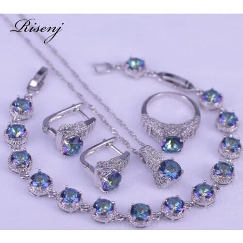 Silver 925 Rainbow Cubic Zirconia Costume Bridal Jewelry Sets Rings Earrings Bracelets Pendant Wedding Necklace Sets For Women