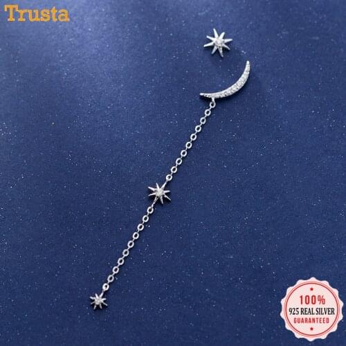 Trustdavis 100% 925 Sterling Silver Asymmetric Moon Star Dazzling CZ Chain Stud Earrings For Women Silver 925 Jewelry Gift DT48