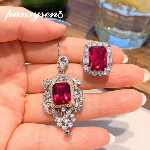 PANSYSEN Vintage 925 Sterling Silver Ruby Emerald Simulated Moissanite Gemstone Ring Necklace Fine Jewelry Sets Wholesale Gift
