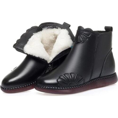 100% Top Cowhide Full Wool Boots Winter Shoes Woman New 2020 Soft Sole Flat Comfortabe Snow Boots Black Women Boots Ankle Boots