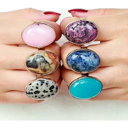 SAY HELLO Retro Natural Oval Stones Rings for Women Geometric Turquoise Pink Spar Wedding Adjustable Size Ring K2197