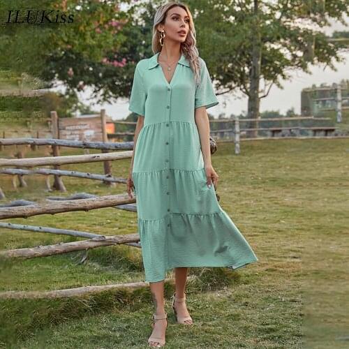 2021 Fashion Women Short Sleeve Dress Summer Turndown Collar Green Slim Long Dresses Elegant Casual Ladies Womens Clothing
