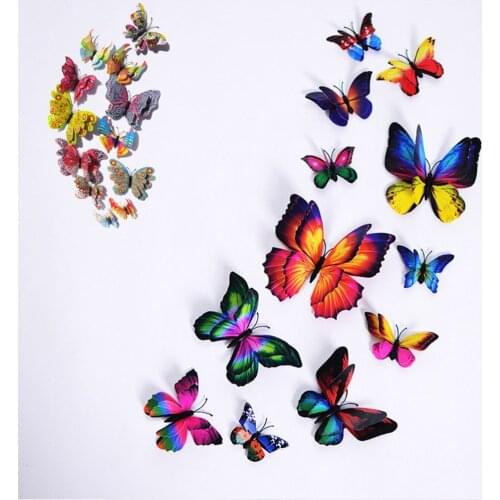 12pcs/set double layer butterfly wall sticker decal wall art wedding party baby room home decoration 3D refrigerator sticker