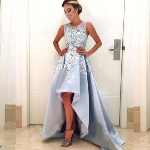 2020 Sexy Light Blue Satin High Low Prom Dresses Cheap Round Neck Hi lo Party Pageant Celebrity Gowns Short Homecoming Graduatio
