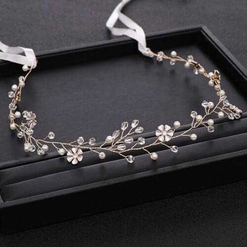 AiliBride Handmade Gold Wedding Headband Pearl Crystal Flower Bridal Headpiece tiara Wedding Hair Accessories Prom Hair Jewelry