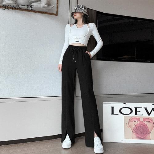 Pants Women Solid High Waist Simple Fashion All-match Streetwear College Summer Korean Style Front-slit Loose Female Trousers