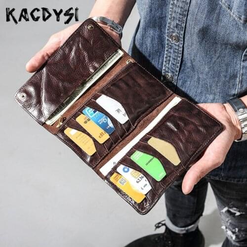 Vegetable Tanned Leather Handmade Long Mens Wallets Vintage Luxury Trifold Purse Multifunctional Wallet Cards Case Money Clips