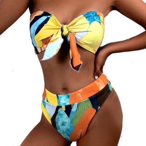 Two Pieces Beach Bikini 2021 Woman Sexy Bowknot Strapless Patchwork Swimsuit Female Push Up Bandeau Bow Bathing Suit Swimwear