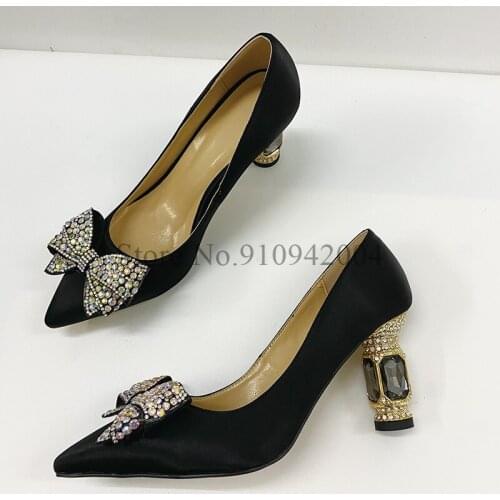 Elegant Pointed Toe High Heels Single Shoes Women Black Silk Satin Rhinestone Bowtie Pumps Spring Party Dress Shoes