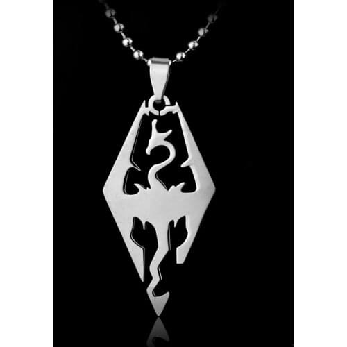 Dongsheng Game Jewelry Stainless Steel Necklace Dinosaur Skyrim the Elder Scrolls Dragon Necklace Pendant Charm Choker Necklaces
