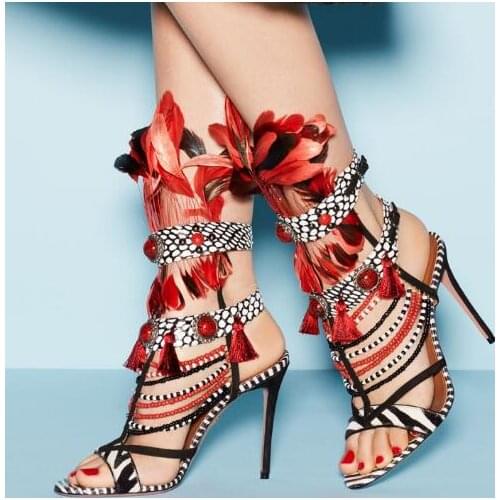 Fashion woman Indian style Colorful feather pearls hollow sexy nightclub catwalk leather ladies sandals red feather pearl sandal