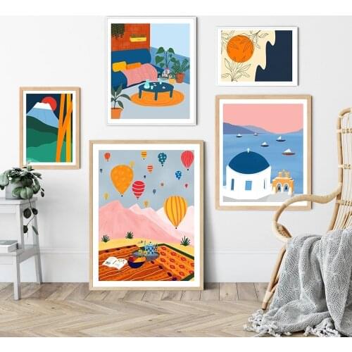 Cartoon Hot Air Balloon Turkey Sunset Poster Pictures for Girl Room Decor Wall Art Canvas Painting Prints Living Room Decor