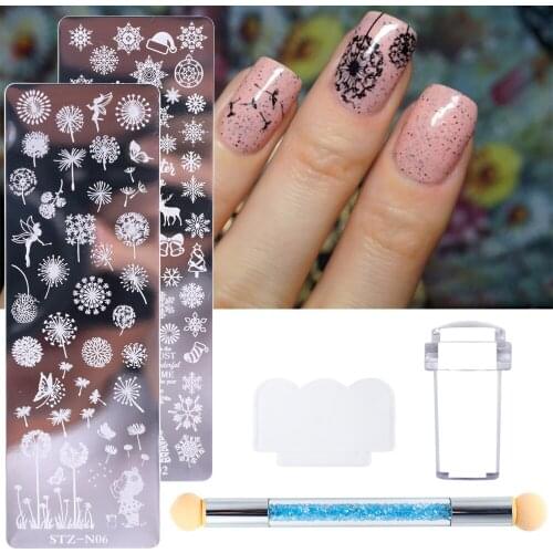 Nail Stamping Plates Kit Leaf Dandelion Snowflakes Nail Stencils Silicone Stamper Sponge Brush Nail Art Design GLSTZN01-12-2