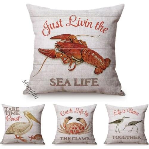 Ocean Animal Pattern Cushion Cover Lobster Crab Letter Printing Home Decoration Bed Sofa Throw Pillow Case Square Cushions Cover
