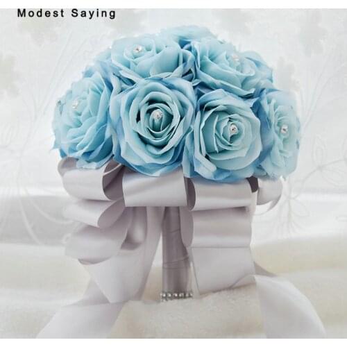 New Arrival Elegant Light Blue Artificial Wedding Bouquets 2017 with Crystal Bridal Bridesmaid Hand Bouquet ramo de flores novia