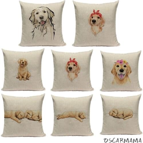 【OSCARMAMA】 Golden Retriever Dog Animal Pet Cushion Cover Doggies Painting Linen Decorative Pillow Case Sofa Home Decoration