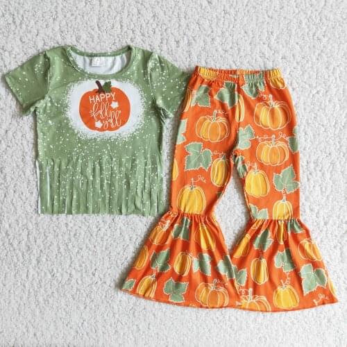 Fall/Autumn Thanksgiving Day Baby Girls Happly Fall Y'all Pumpkin Shirt with Tassels Bell Bottom Pants Set