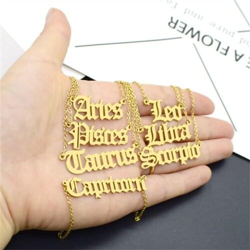 Europe And The United States Hot New Stainless Steel Retro Twelve Constellation Necklace Old English Letters Clavicle Chain