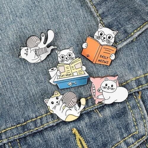 Cute cats read books girl Enamel Pins Bag Badges Brooches