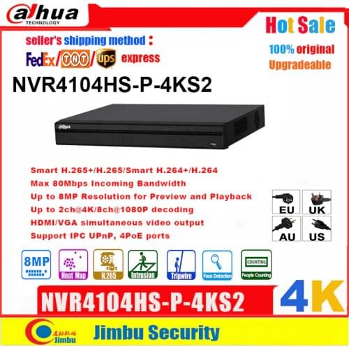 Dahua NVR P2P 4K poe Network Video Recorder NVR4104HS-P-4KS2 4CH 4 POE Port H.265/H.264 Up to 8MP For IP Camera